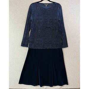 Dialogue 2 piece set womens medium blue velour velvet top blouse skirt Y2K